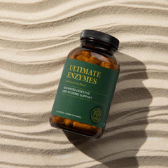 Global Healing Center Ultimate Enzymes bottle pour demonstrates on-the-go meal support.