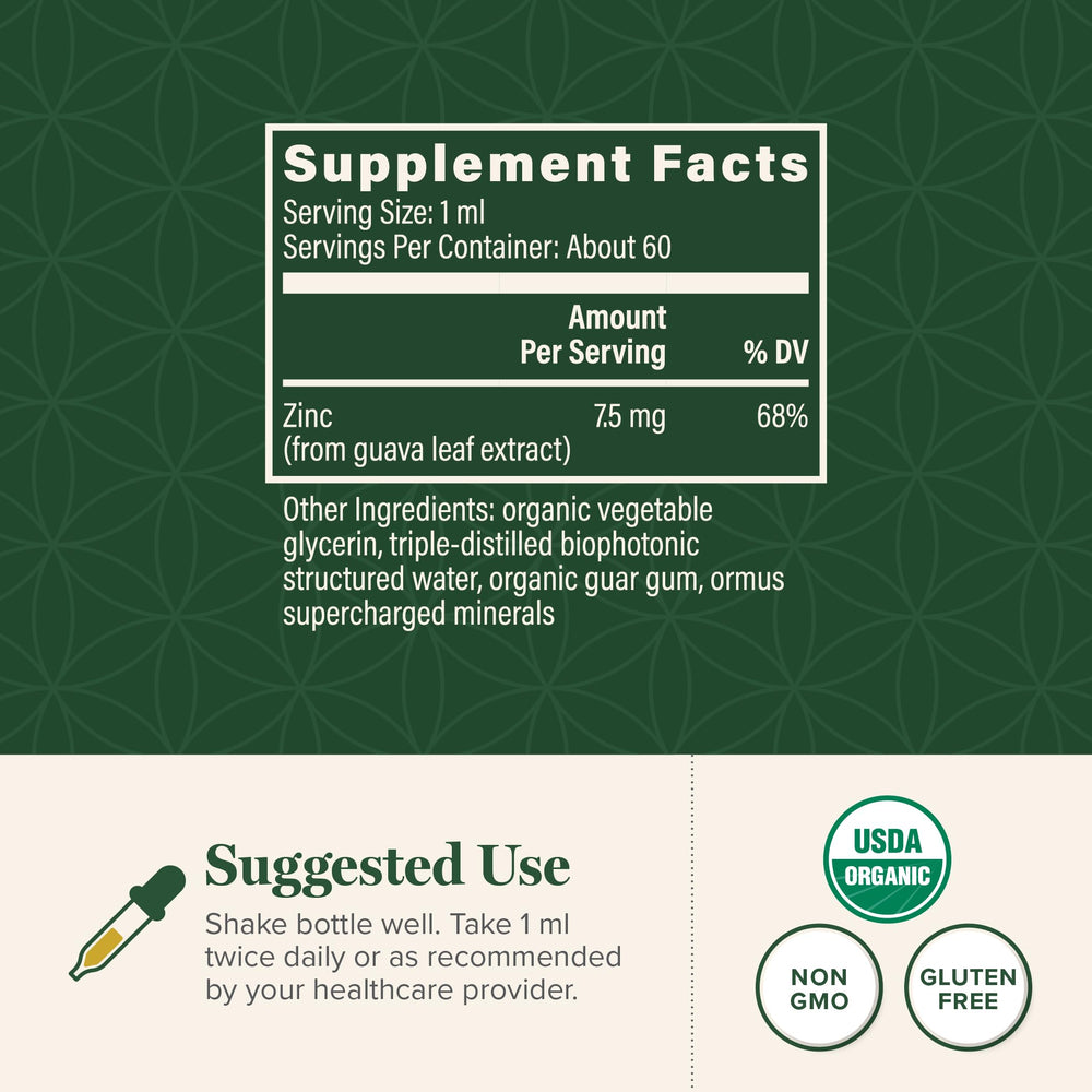 Global Healing Center zinc liquid ingredients close-up shows guava leaf extract and antioxidants.