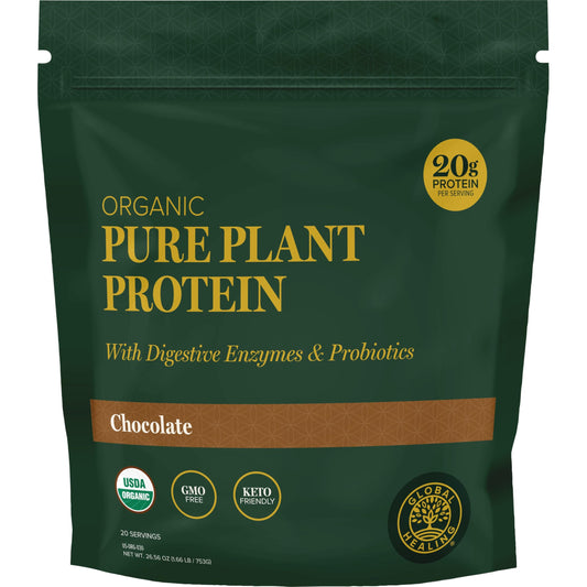Global Healing Organic Plant Chocolate Protein Bottle showing a smooth, dairy-free shake for daily workouts