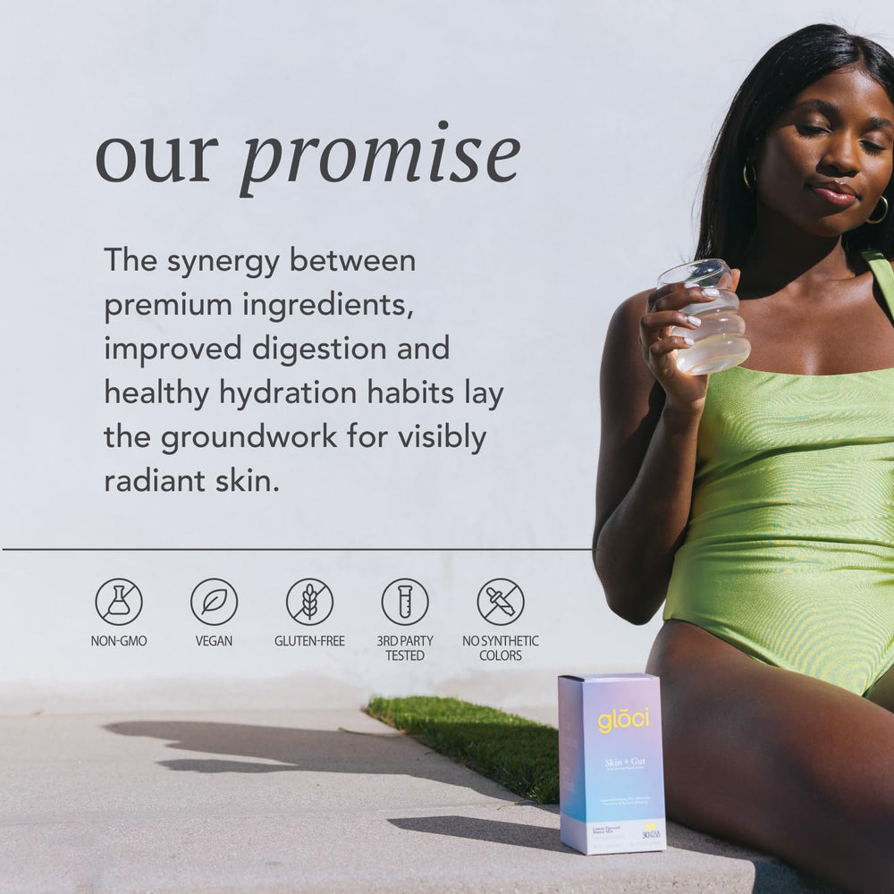 Glōci Skin + Gut vitamin C powder promotes radiant-looking skin.