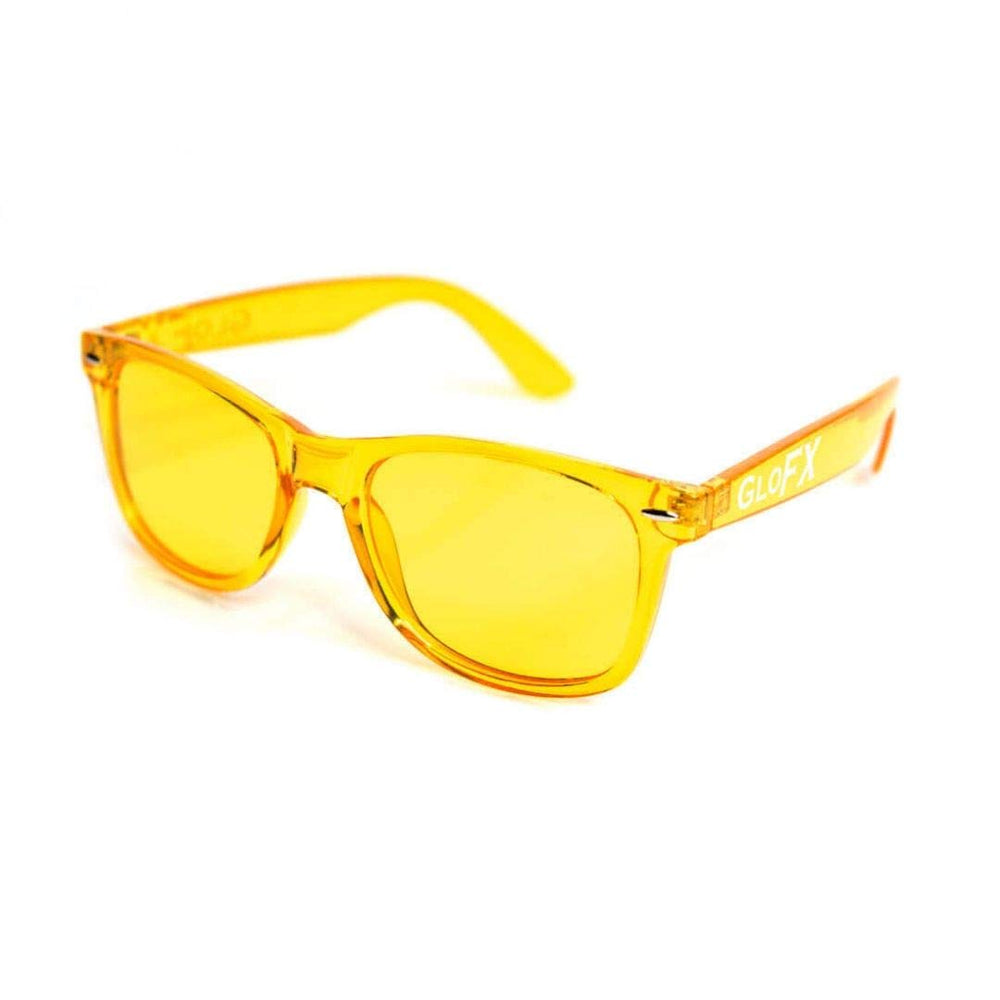 GloFX color therapy glasses frame closeup showing durable hinge design.