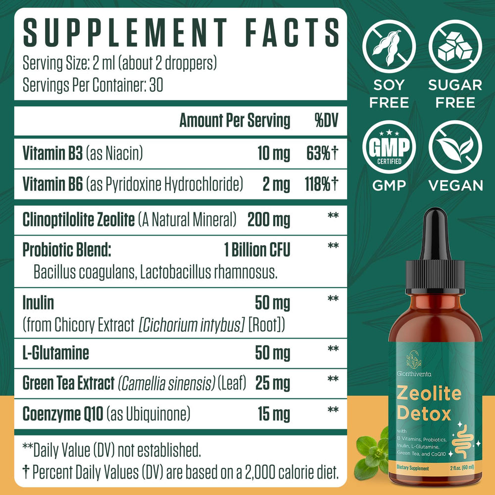 Vegan and gluten-free labeling on Glorithiventa Detox packaging.