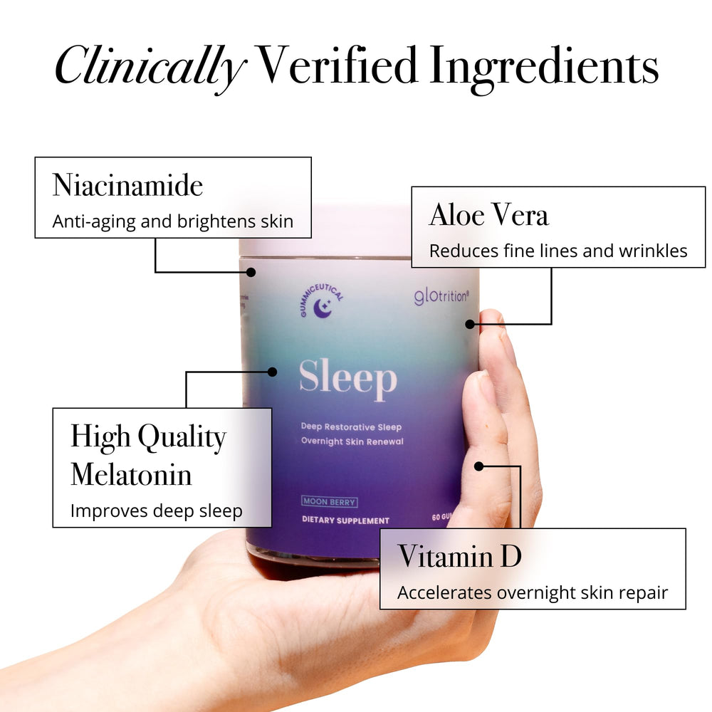 Nighttime routine scene featuring Glotrition Beauty Sleep Gummy for restful sleep
