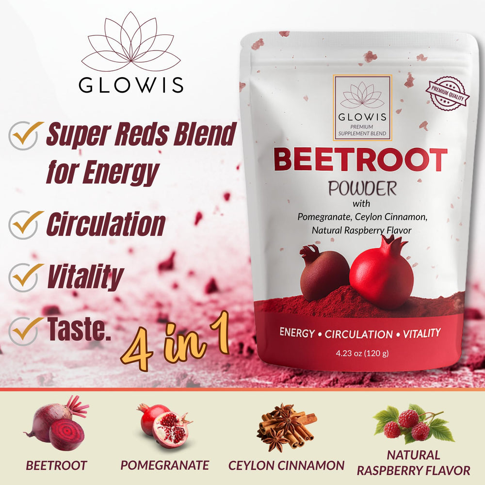 GLOWIS beet root powder bag showing ready-to-use organic mix