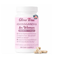GlowTrue Ashwagandha Women bottle image showing calm mood support and daily resilience