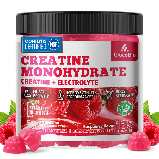 GlucoBio Creatine Raspberry Gummies bottle shows 5g per serving for quick pre-workout support