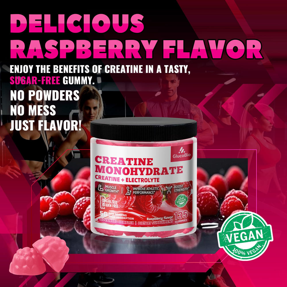 GlucoBio Creatine Raspberry Gummies serving suggestion shows three gummies for a single dose