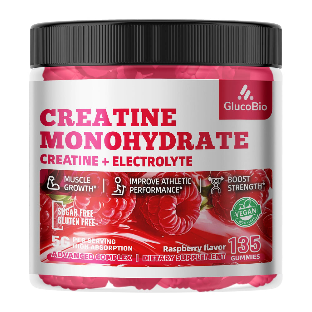 GlucoBio Creatine Raspberry Gummies bottle with nutrition facts supports vegan-friendly lifestyle