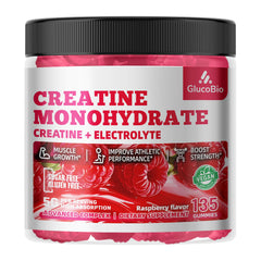 GlucoBio Creatine Raspberry Gummies bottle with nutrition facts supports vegan-friendly lifestyle