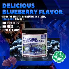 GlucoBio Creatine Monohydrate Gummies gelatin-free vegan seal communicates allergen-friendly design.