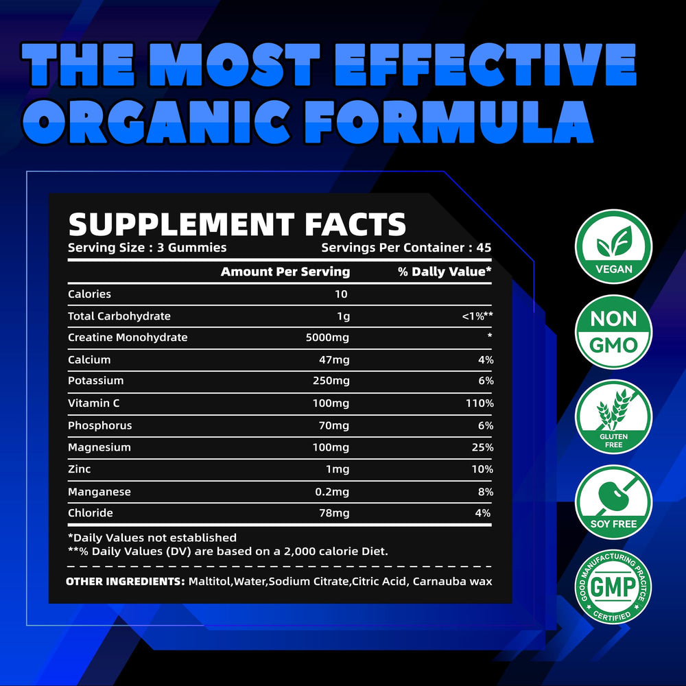 GlucoBio Creatine Monohydrate Gummies label closeup emphasizes vegan, sugar-free formula.