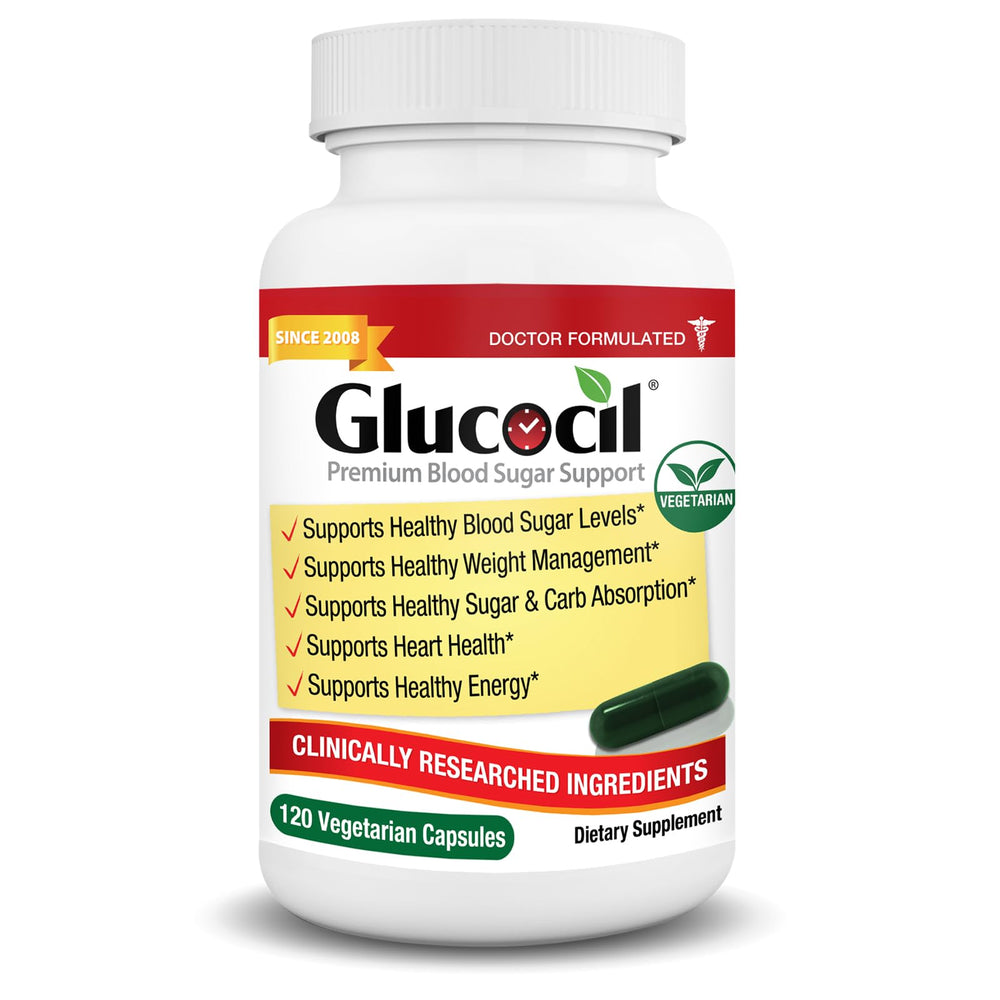 Glucocil bottle front view may support daily blood sugar health.