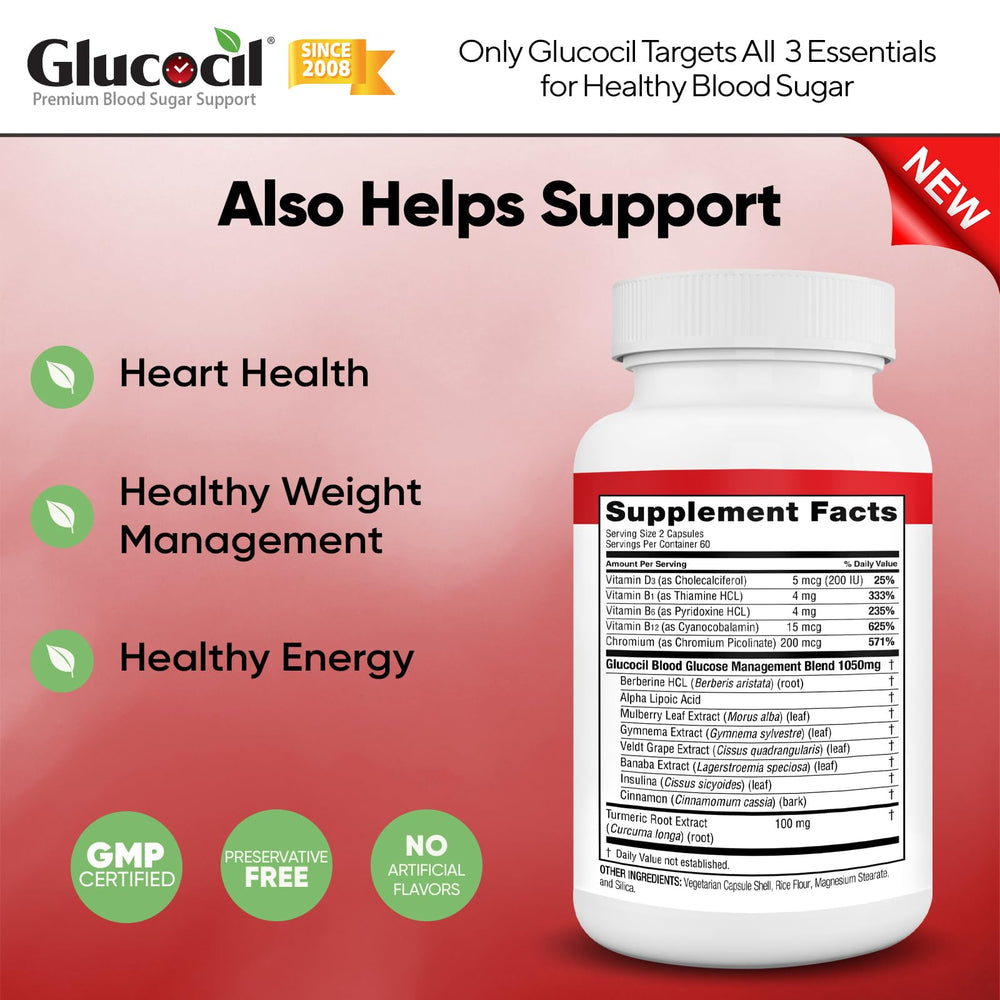 Glucocil bottle with packaging emphasizing health support.
