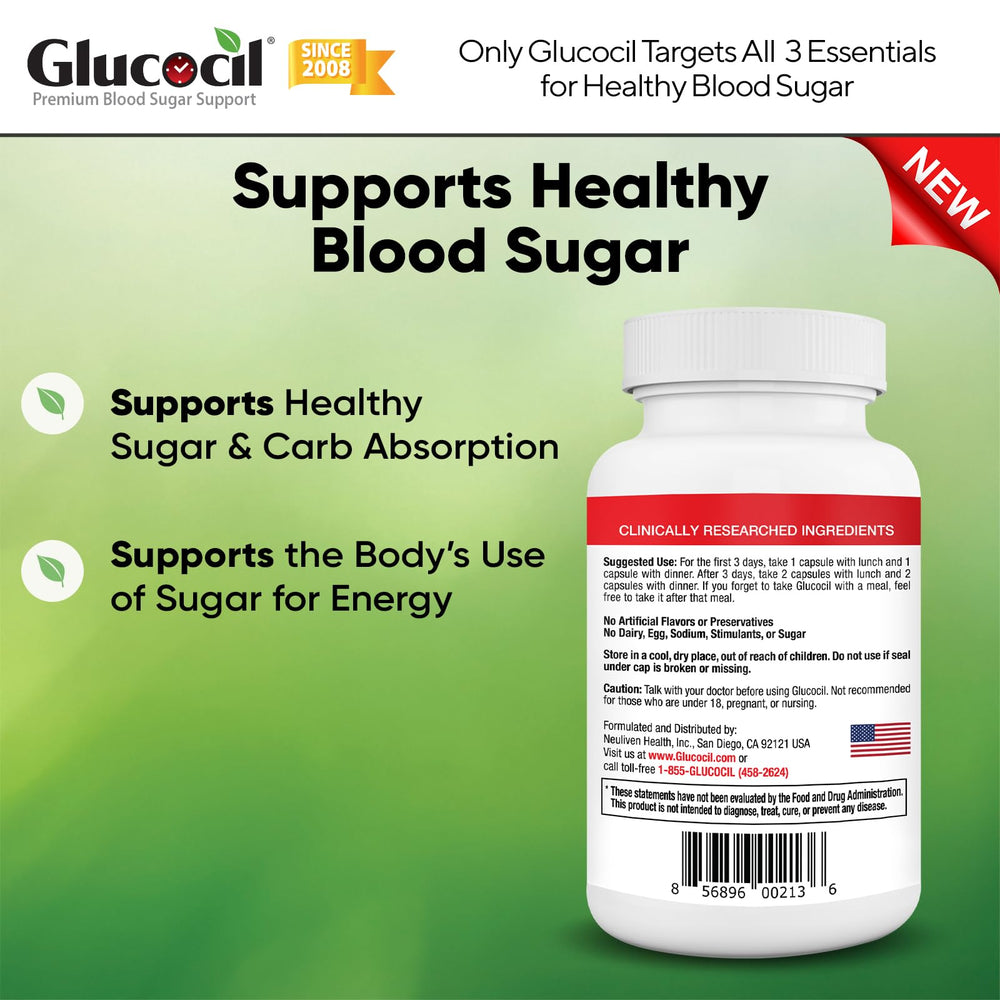 Glucocil capsules poured showing vegetarian capsules for daily use.