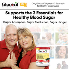 Close-up of Glucocil softgels showing easy-to-swallow capsules.