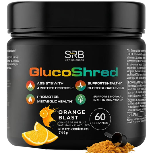 GlucoShred Advanced GLP-1 Drink Mix bottle showing Tangy Orange flavor for daily use