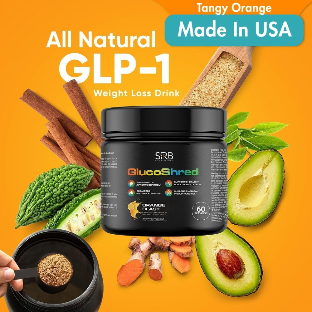 GlucoShred Advanced GLP-1 Drink Mix packaging label highlighting ingredients and benefits