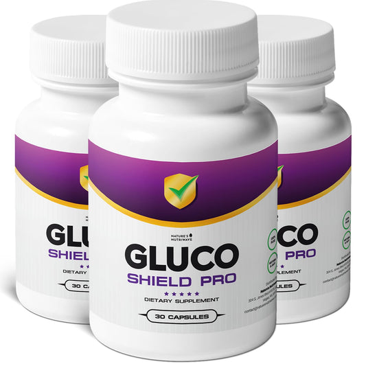 GlucoShield Pro bottle highlighting a stimulant-free, non-GMO daily supplement.