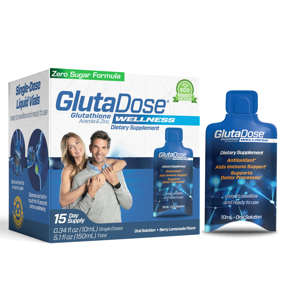 GlutaDose lemon berry glutathione drops bottle on kitchen counter for daily immune support.