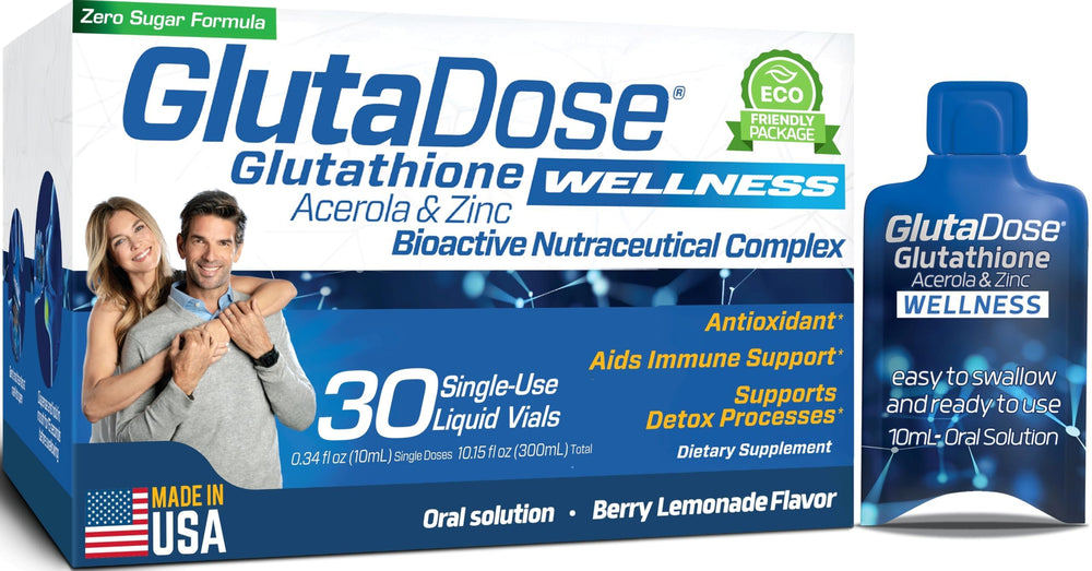 GlutaDose liquid glutathione lemon berry bottle pour supports daily immune wellness
