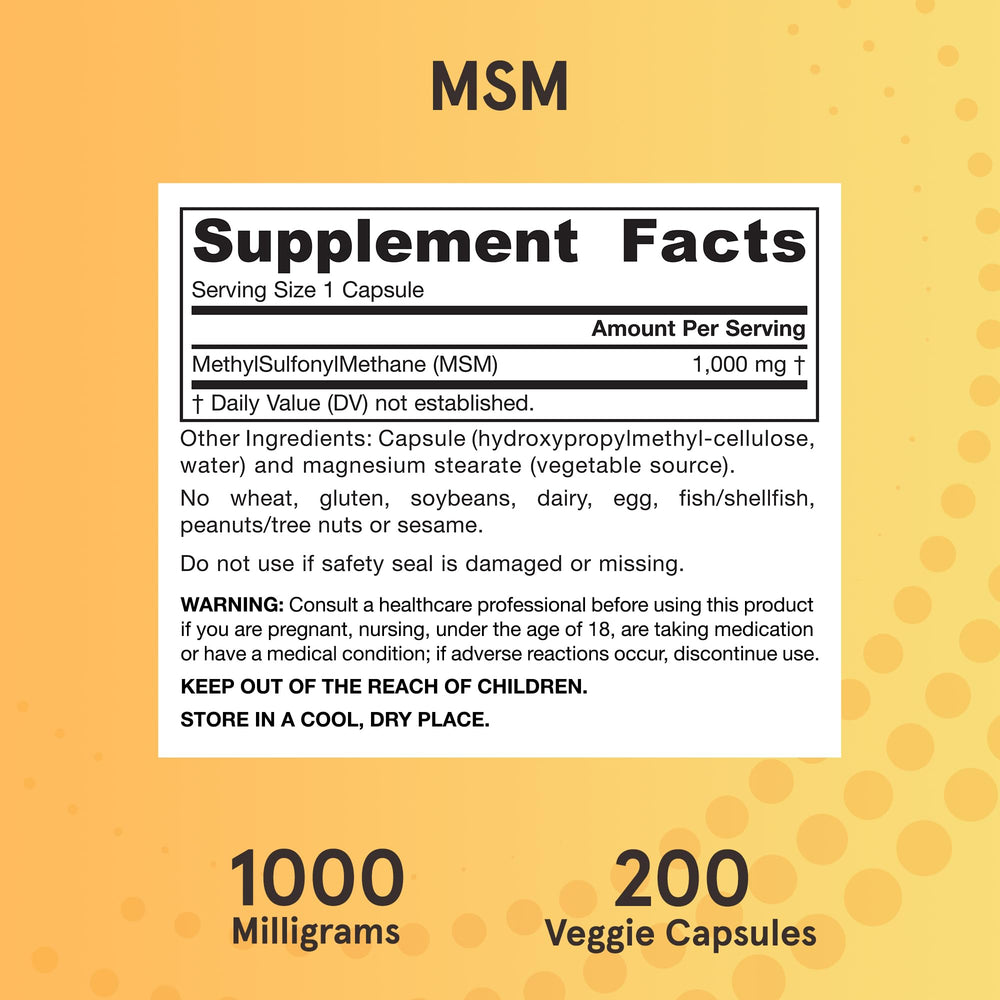 Gluten-free, non-GMO banner on Jarrow MSM label.