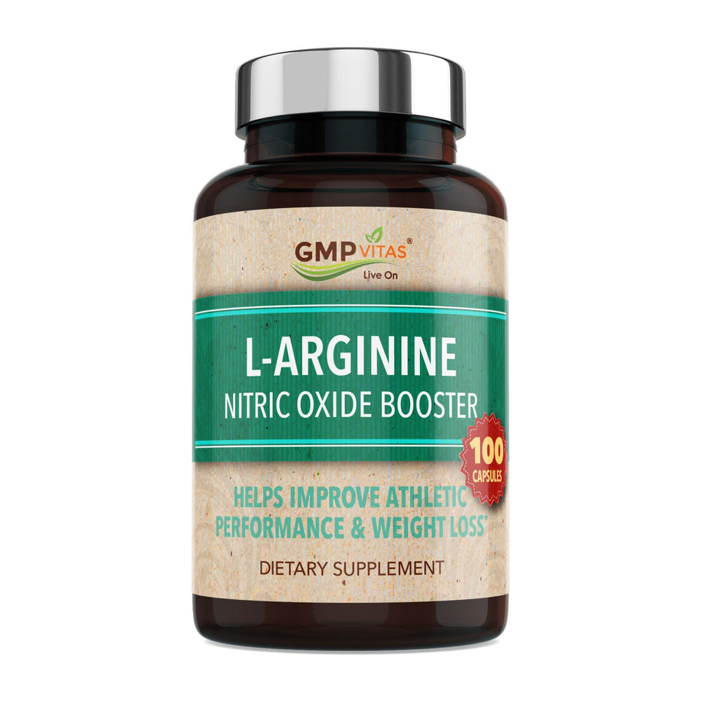 GMP Vitas Nitric Oxide capsules in a bottle support healthy blood flow
