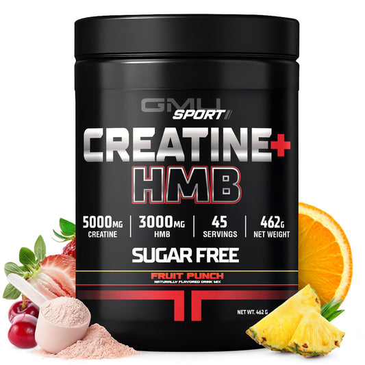 GMU SPORT Creatine HMB powder bottle promotes strength and endurance
