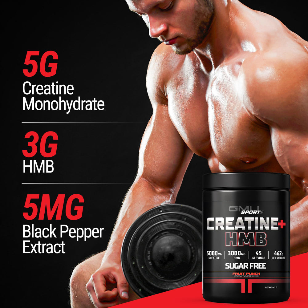 GMU SPORT Creatine HMB powder label highlights 5g creatine, 3g HMB