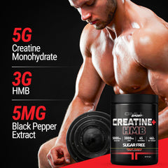 GMU SPORT Creatine HMB powder label highlights 5g creatine, 3g HMB