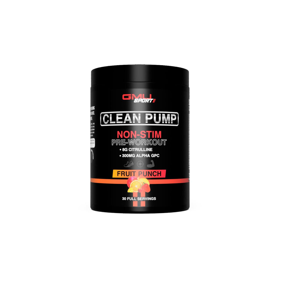 GMU SPORT Clean Pump Non Stim Fruit Punch tub and scoop for steady energy during workouts