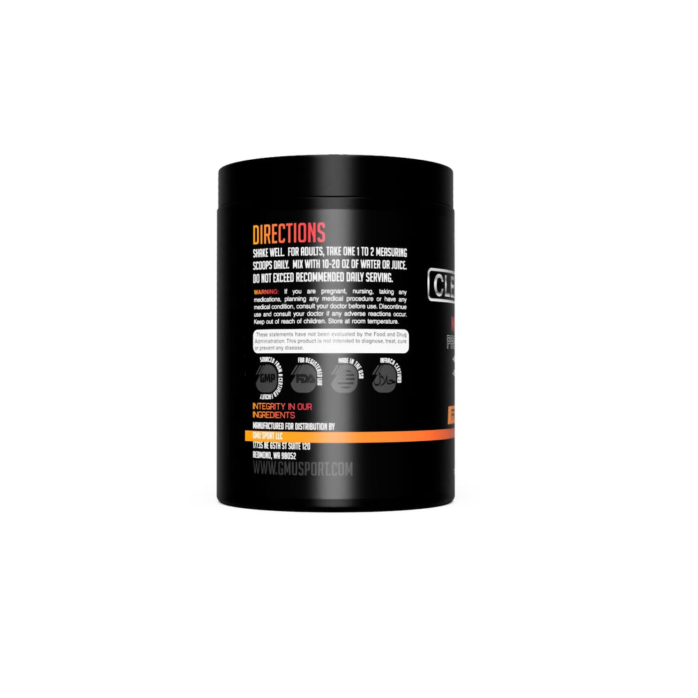 GMU SPORT Clean Pump Non Stim pre-workout fruit punch shake supports smooth focus