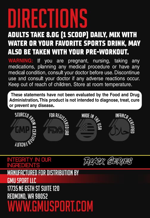 GMU SPORT Creatine HMB label; shows purity and dosage information