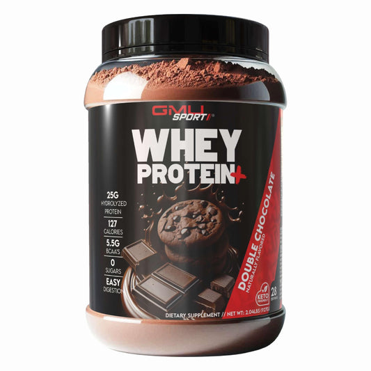 GMU SPORT Whey Protein+ label front highlights low-calorie, sugar-free formula.