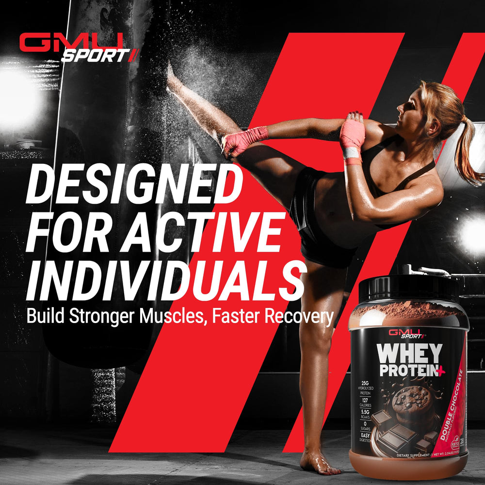 GMU SPORT Whey Protein+ post-workout use scene highlights recovery benefits for muscles.
