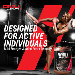 GMU SPORT Whey Protein+ post-workout use scene highlights recovery benefits for muscles.