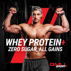 GMU SPORT Whey Protein+ shake in glass shows smooth mixability and chocolate flavor.