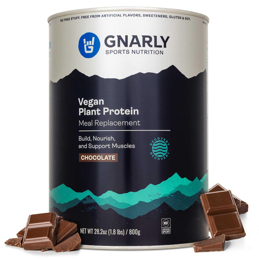 Gnarly Nutrition vegan protein chocolate bottle showcases plant-based protein and certification.