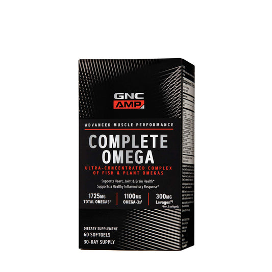 GNC AMP Complete Omega bottle pouring capsules for daily heart and brain support