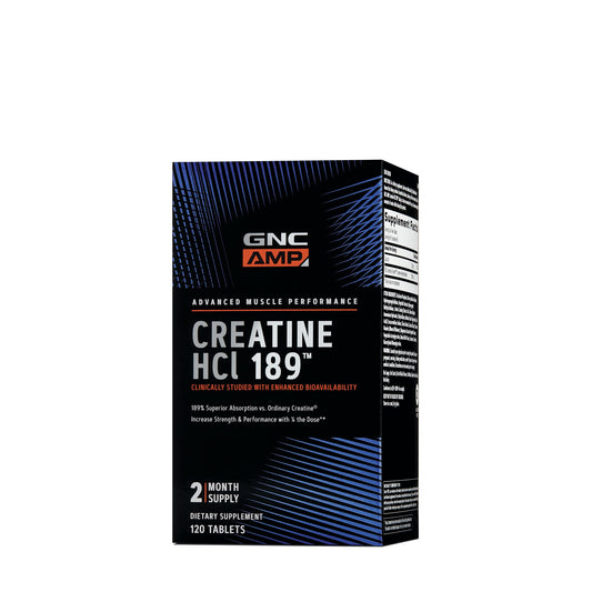 GNC AMP Creatine HCl 189 bottle close-up showing energy support for workouts