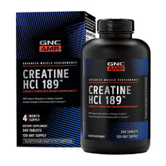 GNC AMP Creatine HCl 189 bottle prepared for workouts with higher absorption.