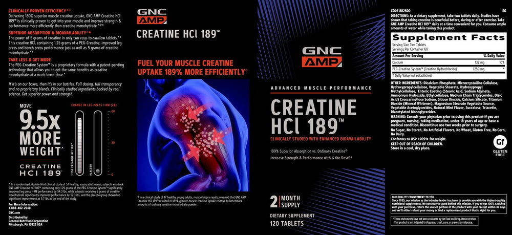 GNC AMP Creatine HCl 189 packaging demonstrates compact energy support