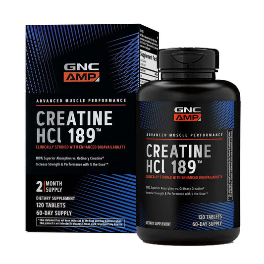 GNC AMP Creatine HCl 189 pills bottle front displaying gluten‑free formula benefits.