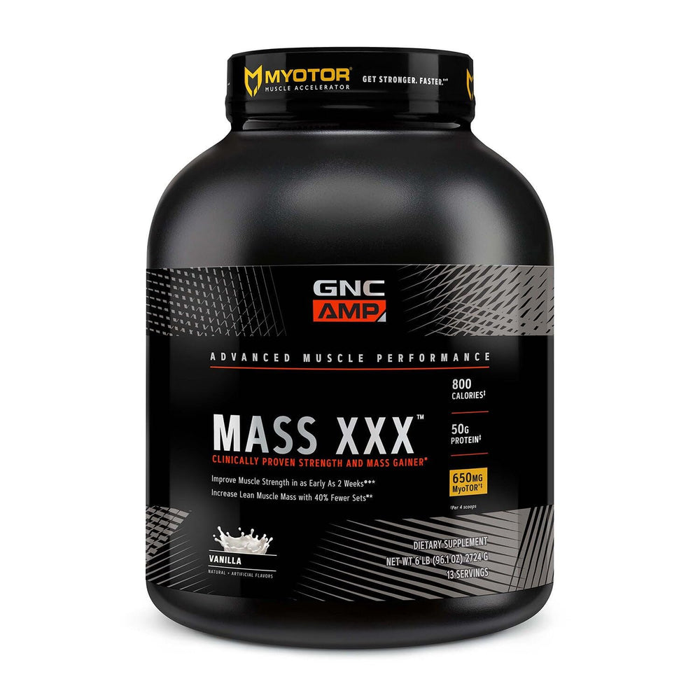 GNC AMP Mass XXX tub front showing a protein‑powered mass gainer for strength