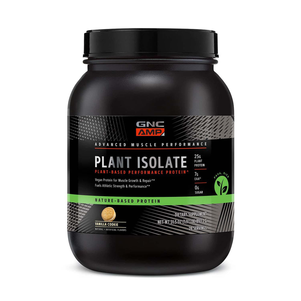 GNC AMP Plant Isolate Protein Vanilla Cookie tub highlights a plant-based protein option for daily fueling