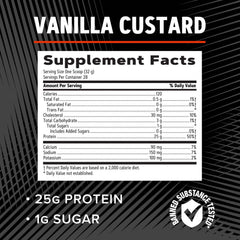GNC AMP Pure Isolate Vanilla Custard powder being mixed in a glass