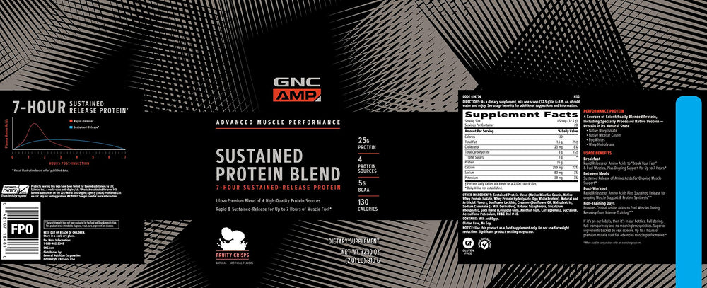 GNC AMP Sustained Protein Blend ingredients panel highlighting four protein sources
