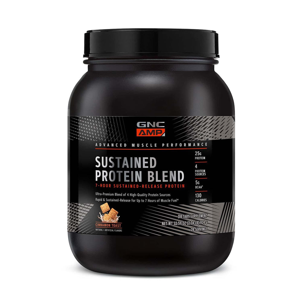 GNC AMP Sustained Protein Blend Cinnamon Toast tub for steady daily protein
