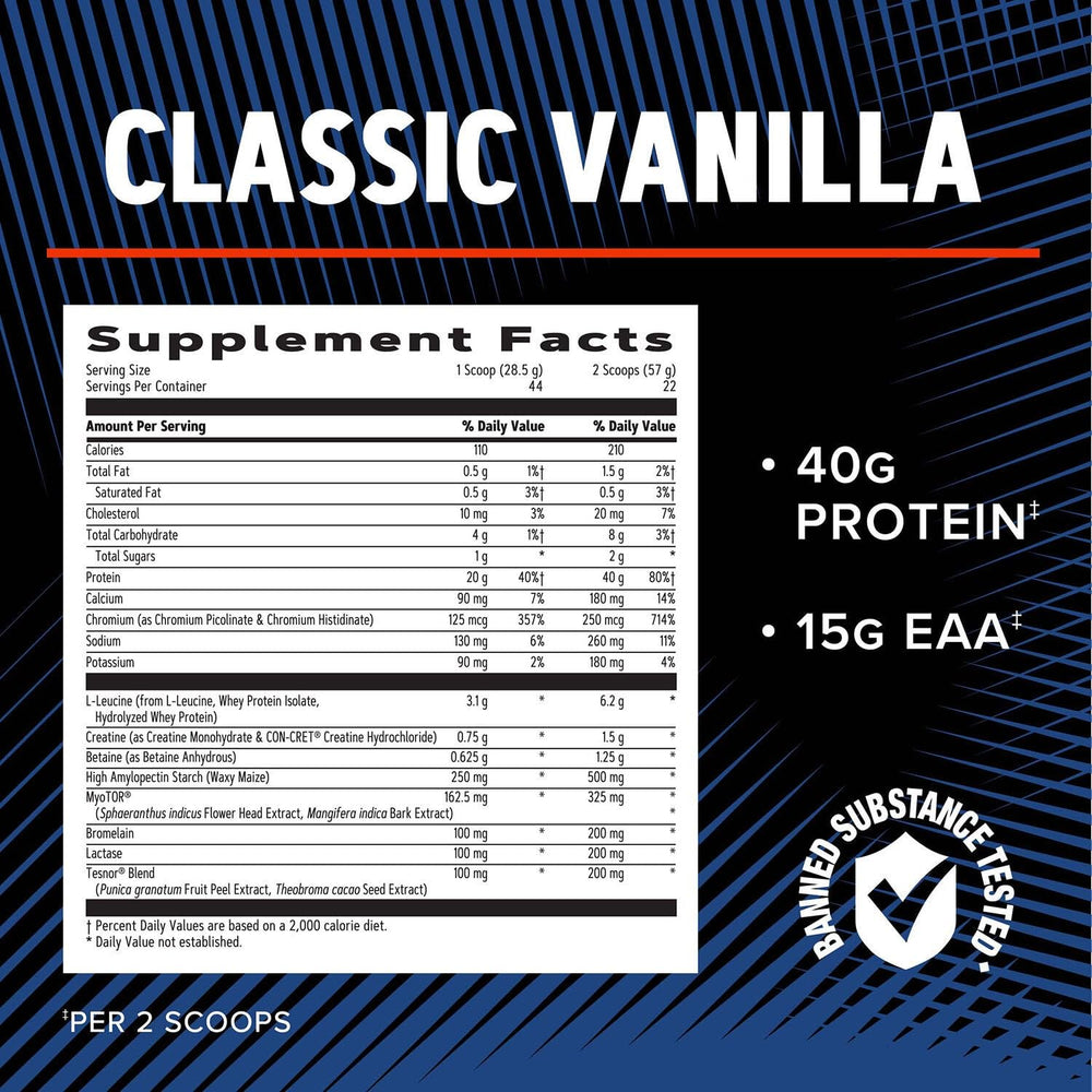 GNC AMP Wheybolic Alpha Vanilla label closeup shows ingredients and benefits