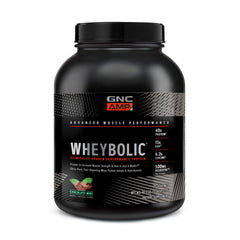 GNC AMP Wheybolic bottle front in gluten-free chocolate mint flavor