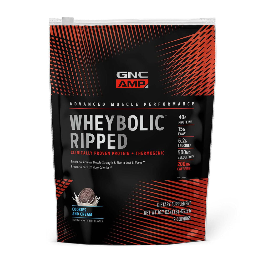 GNC AMP Wheybolic Ripped cookies and cream tub close-up highlights premium protein for muscle support
